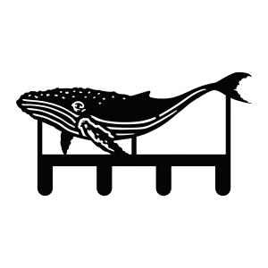 Black painted steel key rack featuring a detailed cutout of a humpback whale. Includes four hooks, suitable for hanging keys and small items.